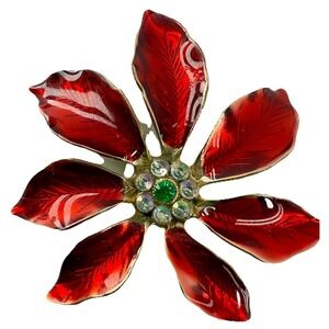 Vintage Red Enamel Poinsettia Brooch Gold Tone Rhinestone Pin‎ EUC